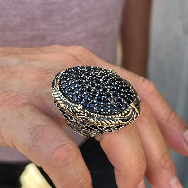 Solid 925 Sterling Silver Men’s Sapphire Ring Ottoman Micro Pave Statement Ring