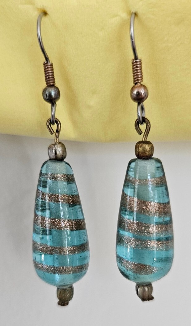 Glass Earrings Teardrop Blue Gold Swirl Pear Shaped Stainless French Hook Drop