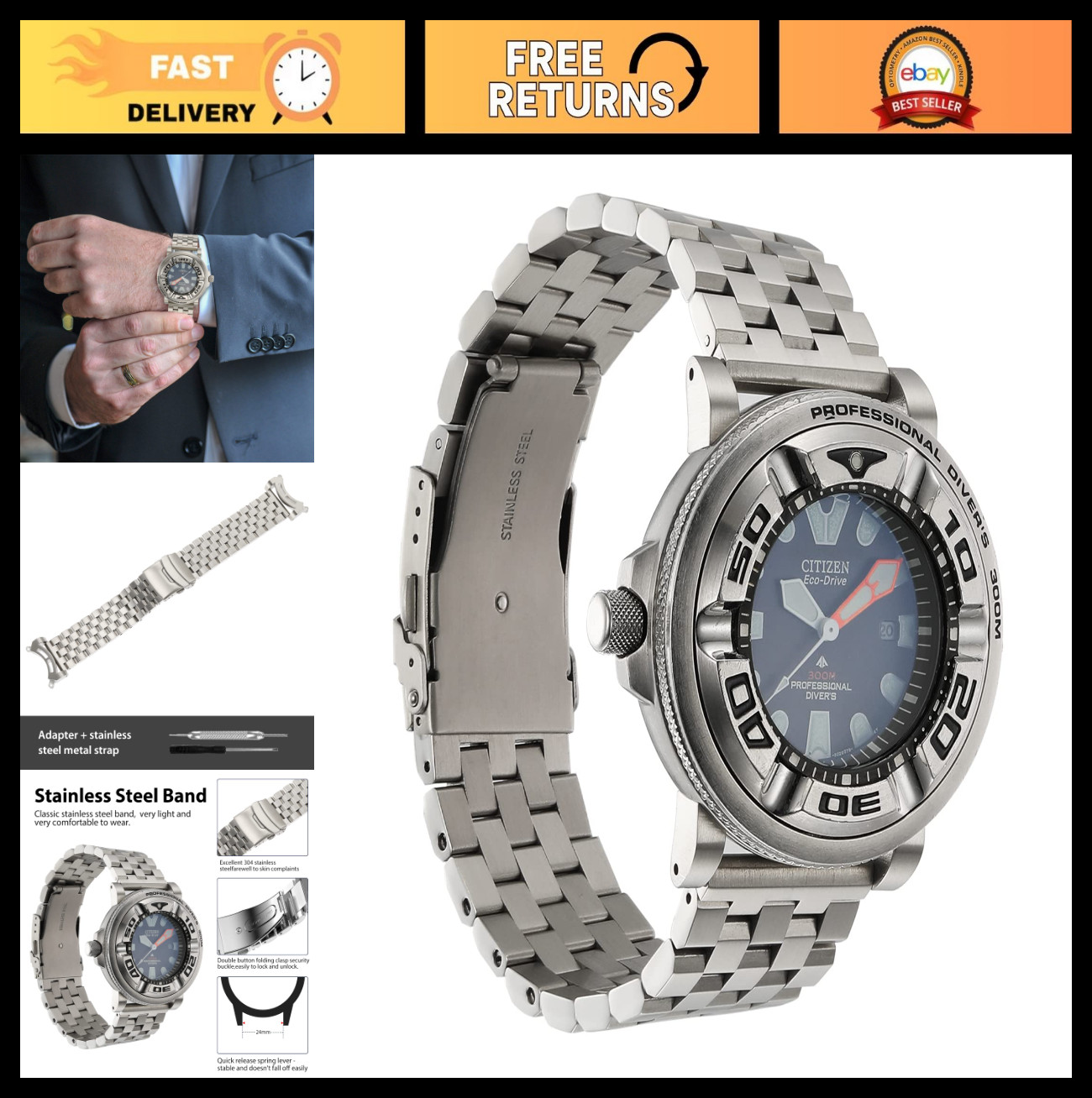 Silver Adapters & 24mm Band for Citizen Eco-Drive Promaster BJ8050 Dive Watch