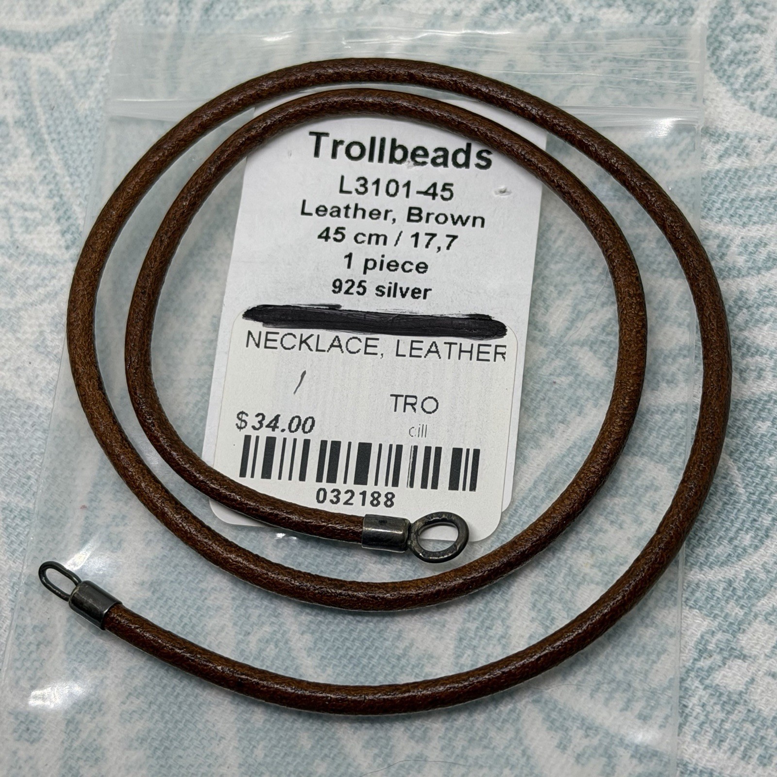 Authentic Trollbeads Brown Leather Necklace 17.7 inch/45 cm, New