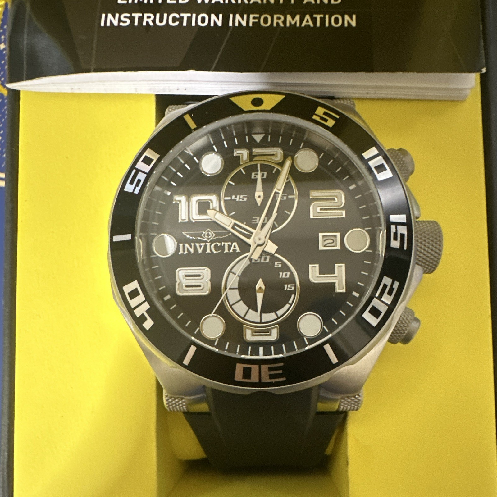 Invicta Men’s Quartz Chronograph Date Black Dial Rubber Strap Watch w/Box