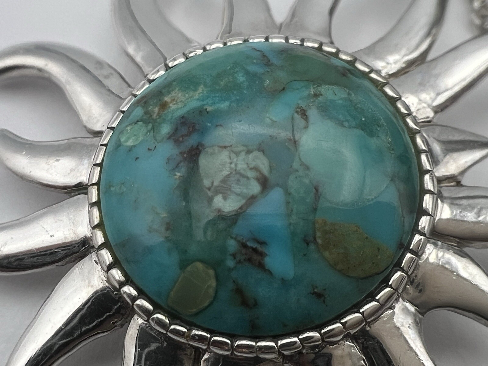 ATI 925 Thailand Man made Turquoise Sun Pendant on 18” ATI Necklace