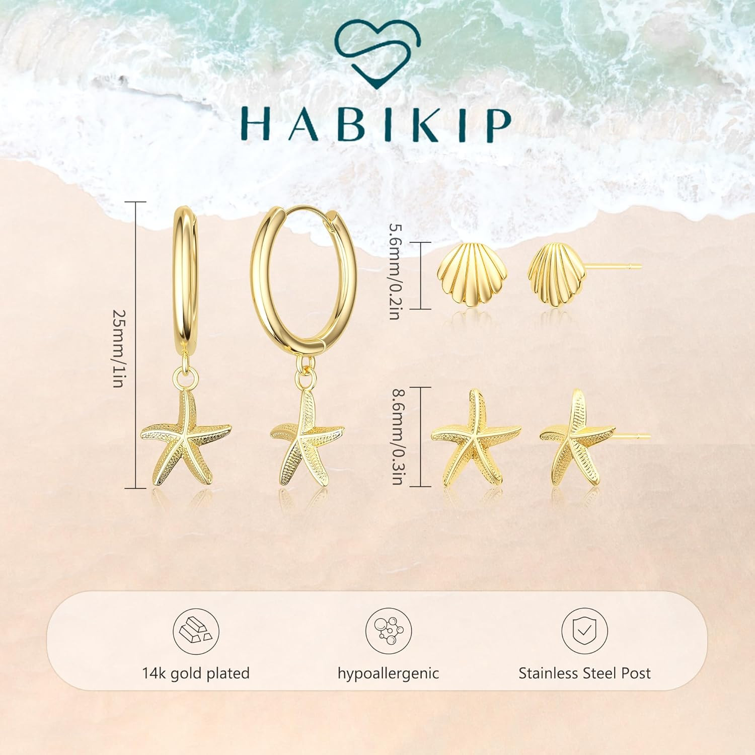 3 Pairs 14K Gold Plated Dangle Earrings Set for Women, Dainty Seashell Starfish