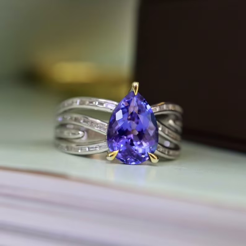 4.70Ct Pear Cut Natural Tanzanite & Diamond Real 950 Platinum Luxurious Ring