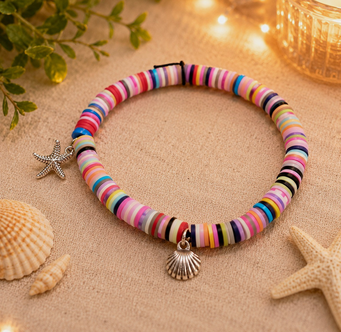 Multicolor Acrylic Round Heishi Beaded Stretch Bracelet w/ Starfish Shell Charms
