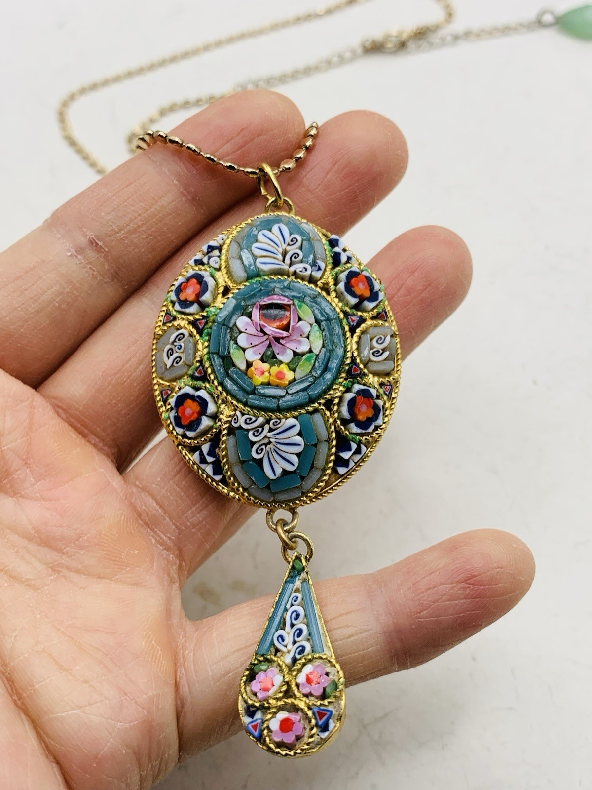 Vintage Colorful Boho Italian Micro mosaic Millefiori Floral Gold Tone Necklace