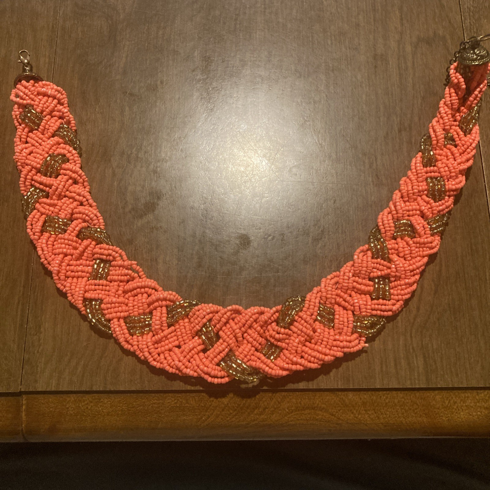 Vintage Multi Strand Beaded Coral And Gold Colored Choker Necklace