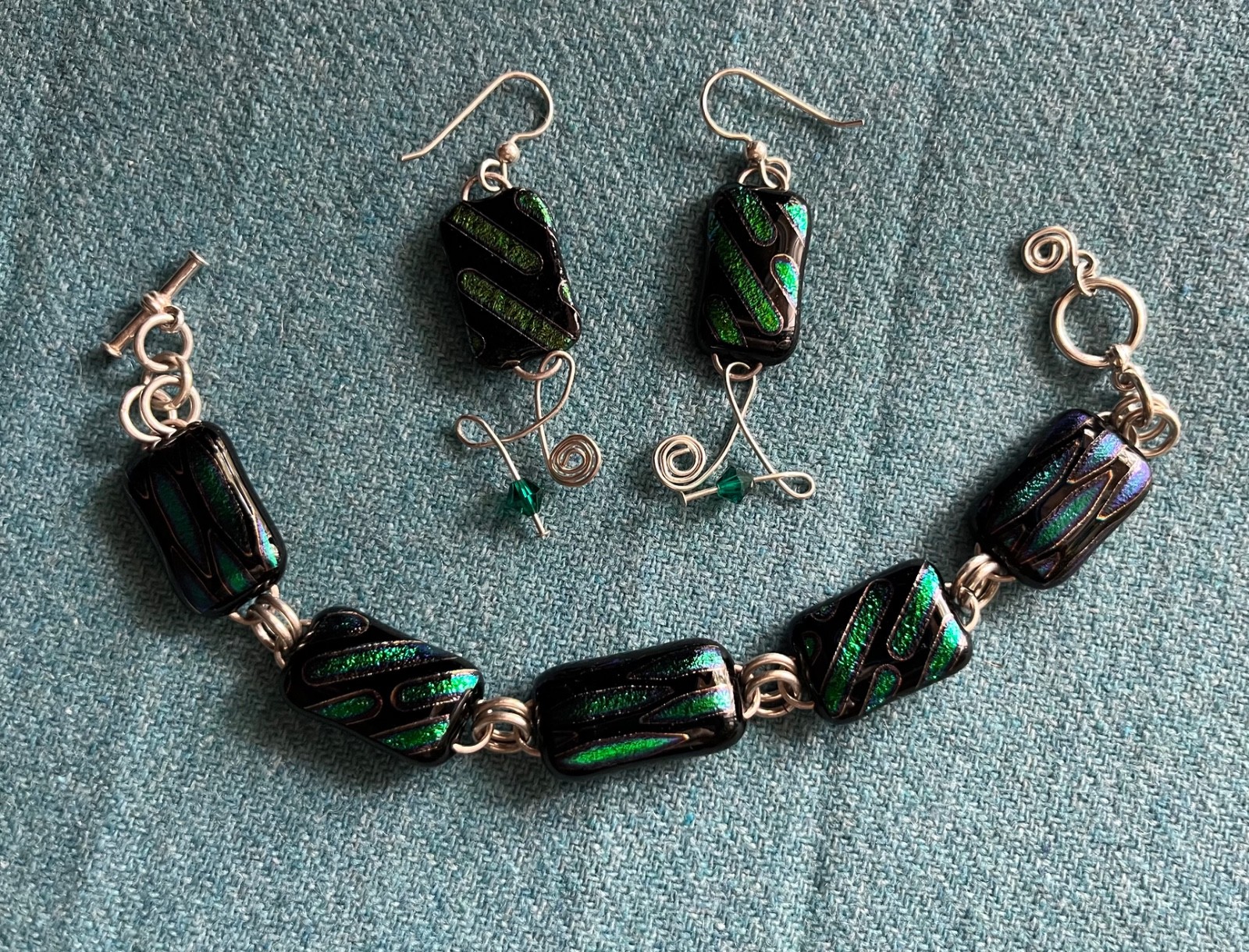 Sterling Silver Handmade GREEN/BLACK Metallic BRACELET Pierced EARRINGS Set