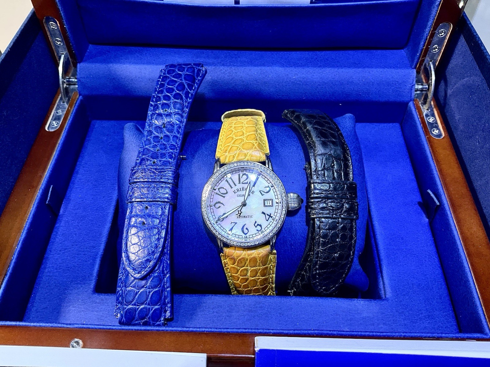 Krieger Gigantium Diamond Bezel MOP Dial Leather Strap Watch Full Set