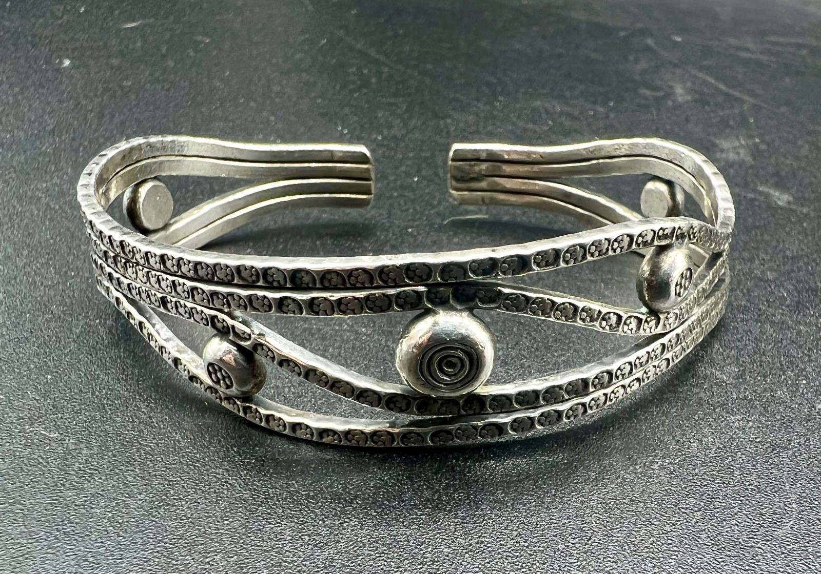 Artisan Sterling Silver Cuff Bracelet .925 Modernist Stamped Wave 26.7g