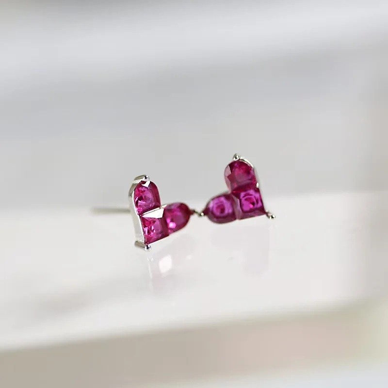 Natural Ruby Heart Stud Earrings 925 Sterling Silver Women Gemstone Jewelry Gift
