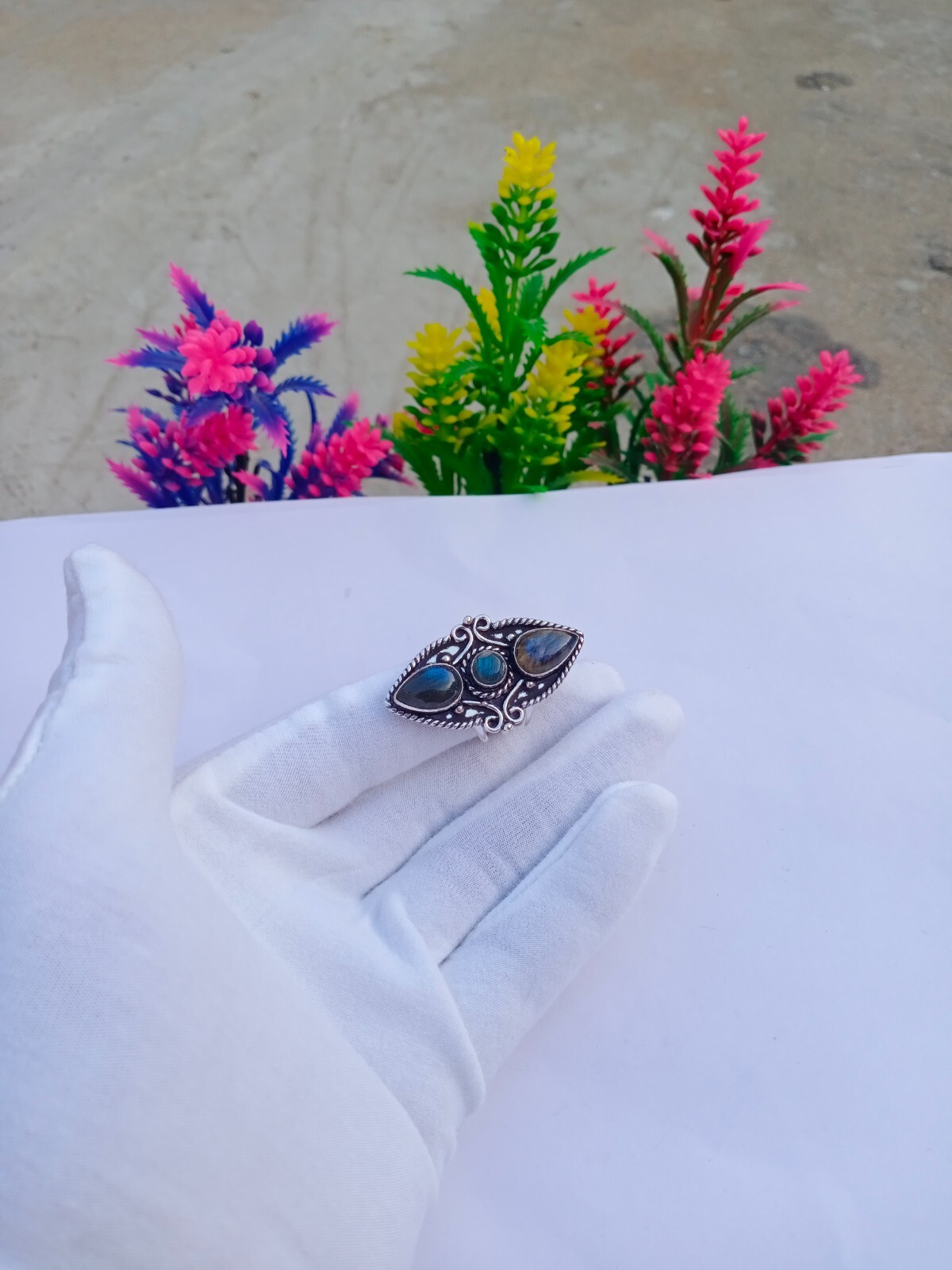 Natural Labradorite Stone Ring, Sliver Plated Ring, Gemstone Jewelry