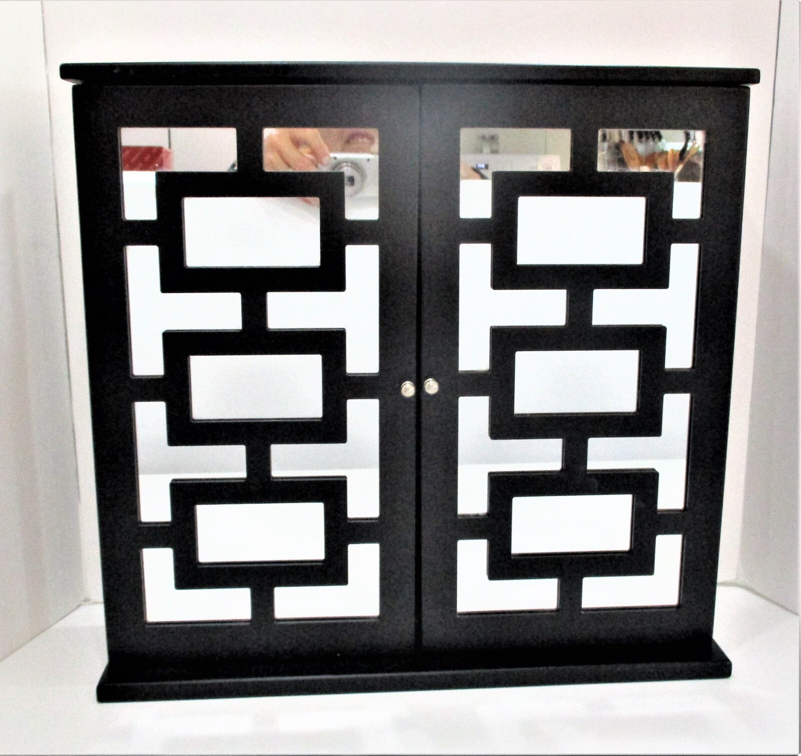 Wonderful Black Wood & Mirror Asian Design Jewelry Case Wall Mount or Table Top