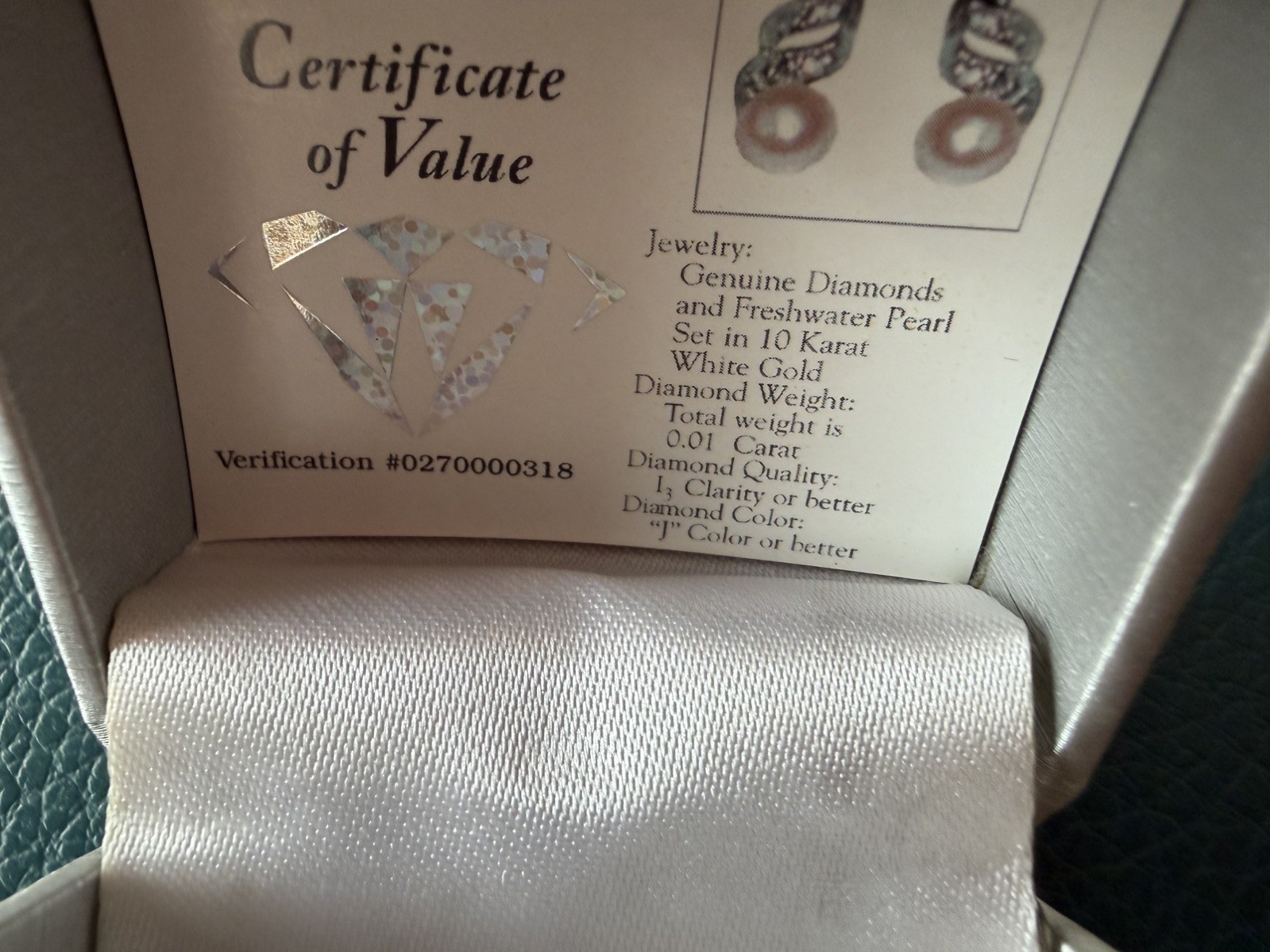 10k White Gold Diamond Freshwater Pearl Drop Dangle Earrings NIB w/Cert of Value