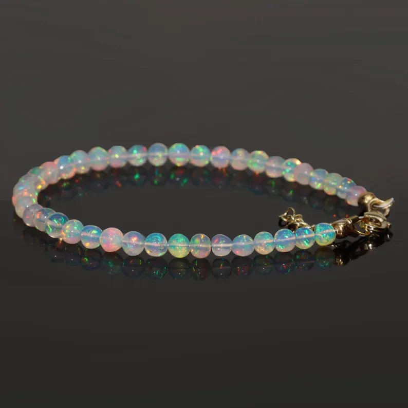 Natural Round Opal Gemstone Jewelry for Her, Ethiopian White Opal Beaded