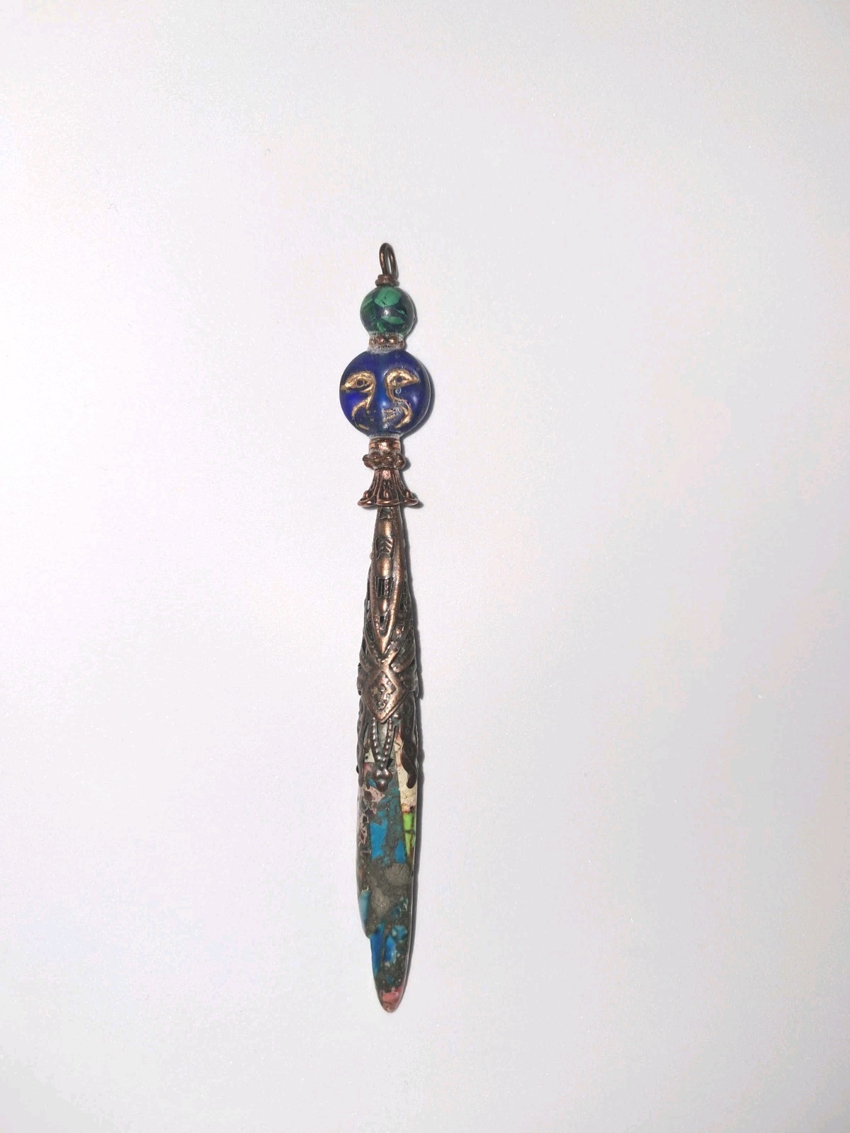 MALACHITE AZURITE Bead & Blue Glass Moon Face Bead PENDANT Sea Sediment Jasper