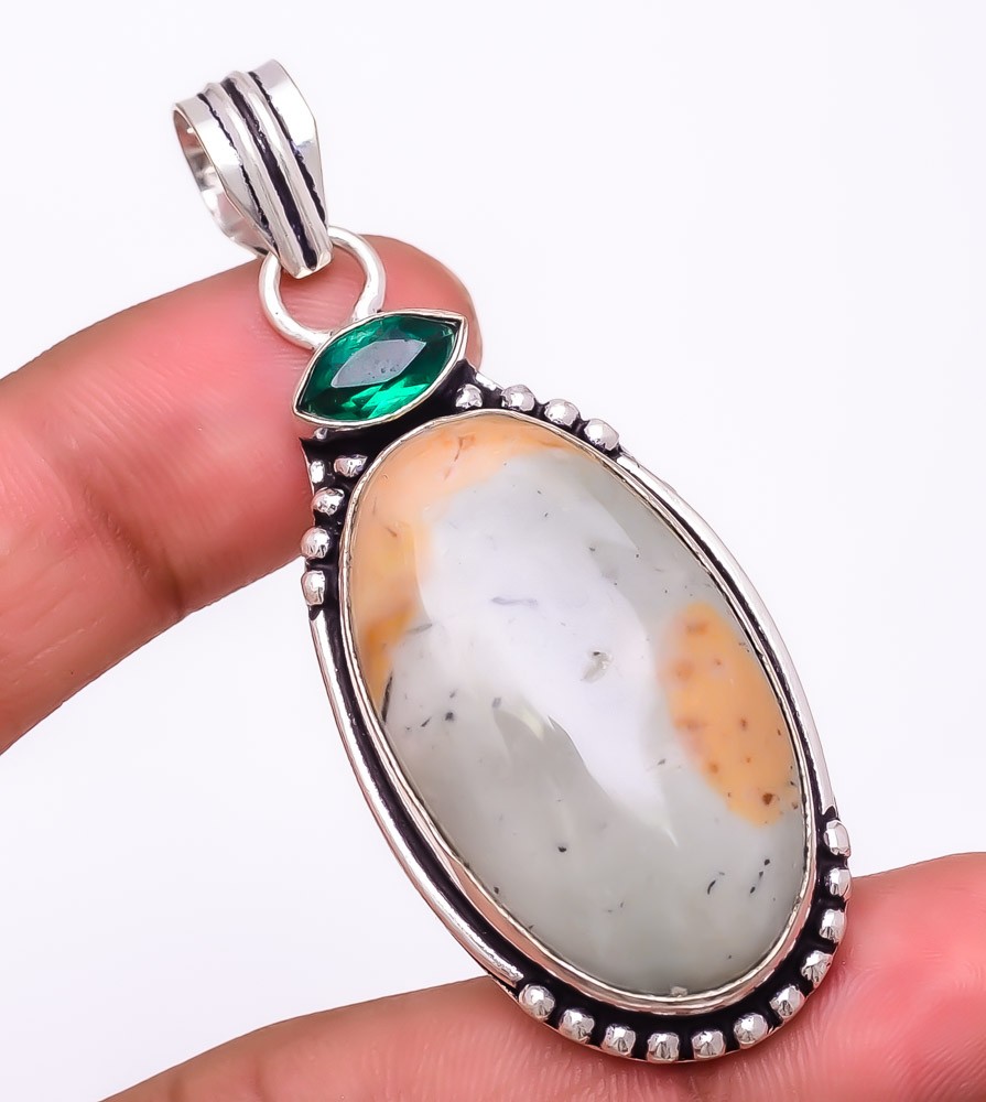 Natural Polychrome Jasper & Tsavorite 925 Silver Plated Pendant 2.4″ T2712