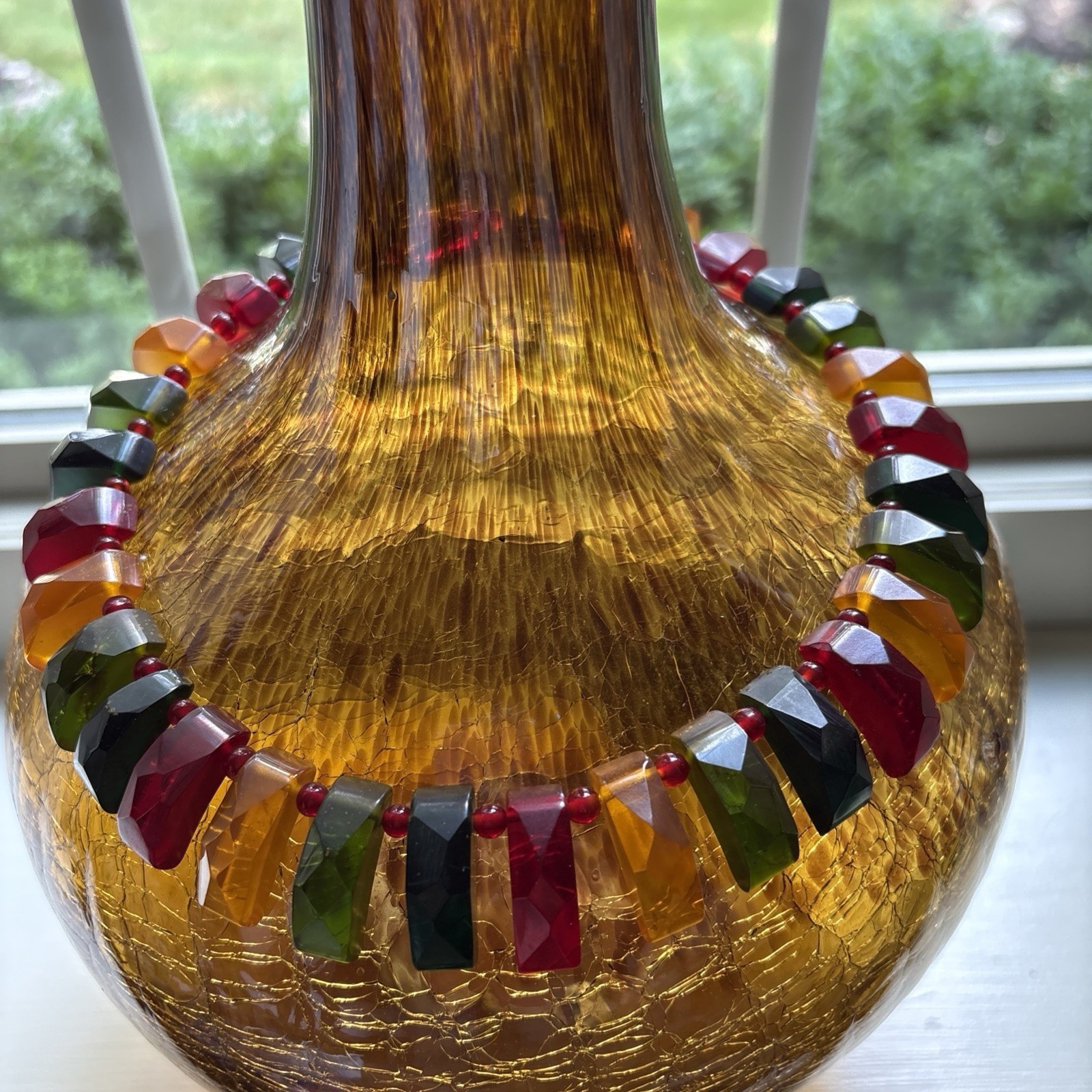 Vintage Tested Bakelite Faceted Geometric Necklace Red Green Amber 16” Lucite Sp