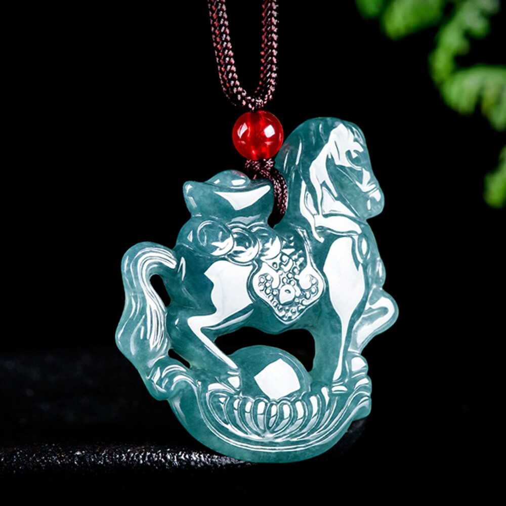 Certified Grade A Natural Green Jade jadeite Zodiac Horse Pendant Necklace