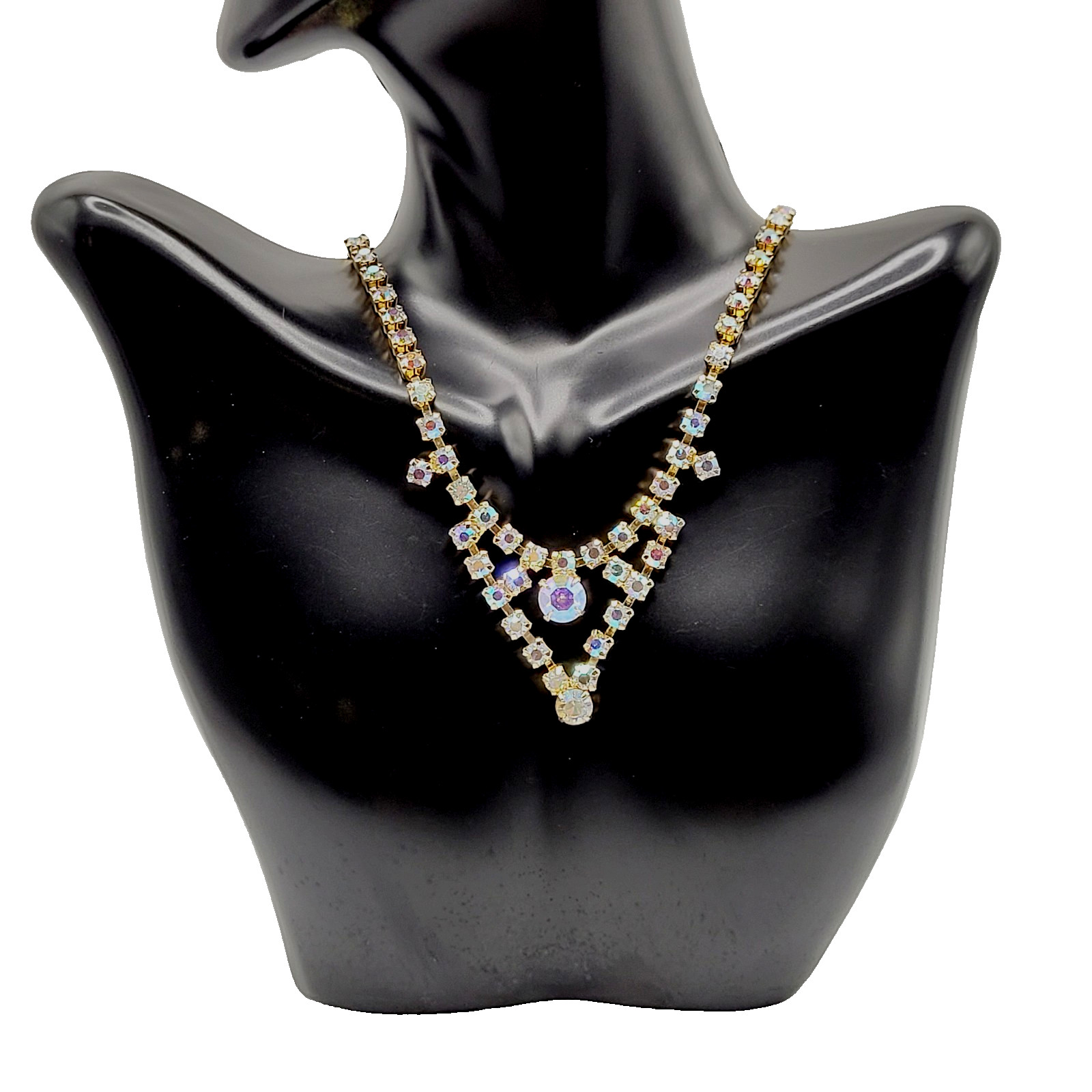 Swag or V Style Drop Choker AB Rhinestone Necklace Gold Tone Vintage 15 inch