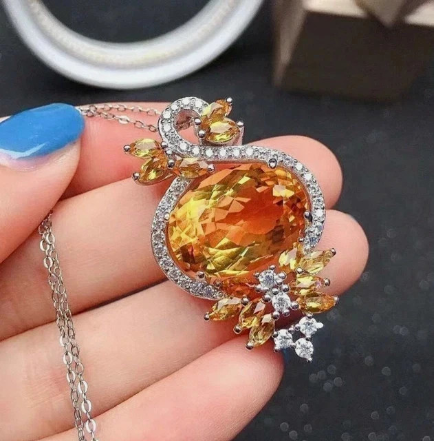Lab Created Citrine 3.00Ct Oval Cut Designer Pendent 14K White Gold Plated 18”