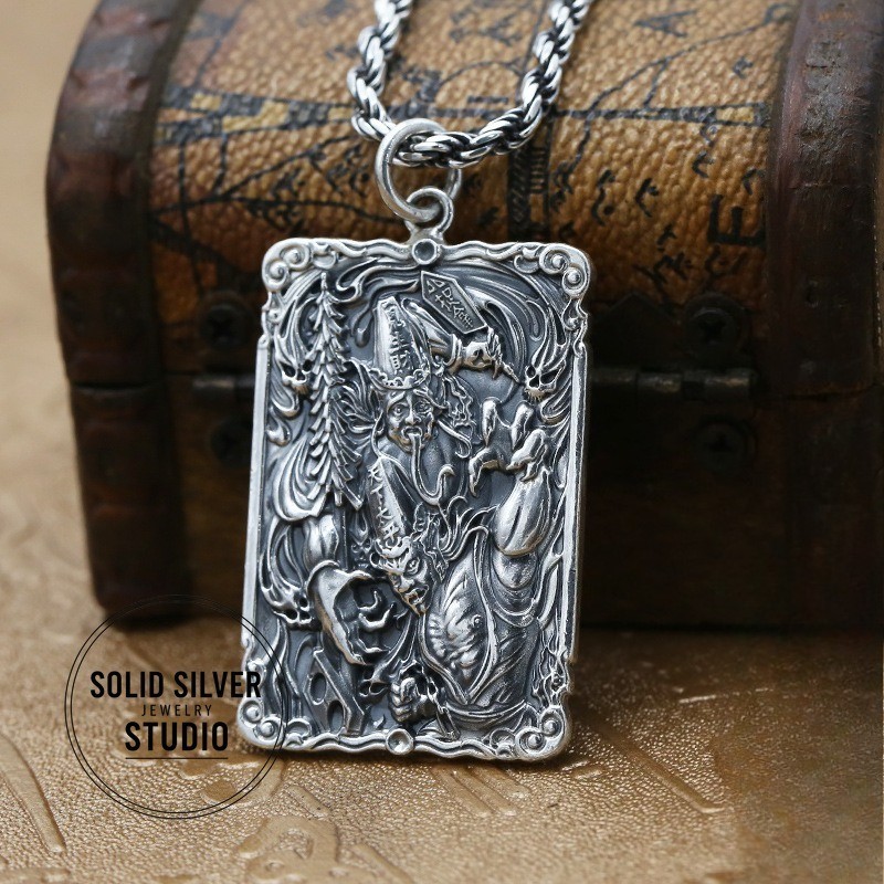 HUGE S999 Pure Silver God of Wealth Pendant Taoist Amulet Good Fortune Talisman