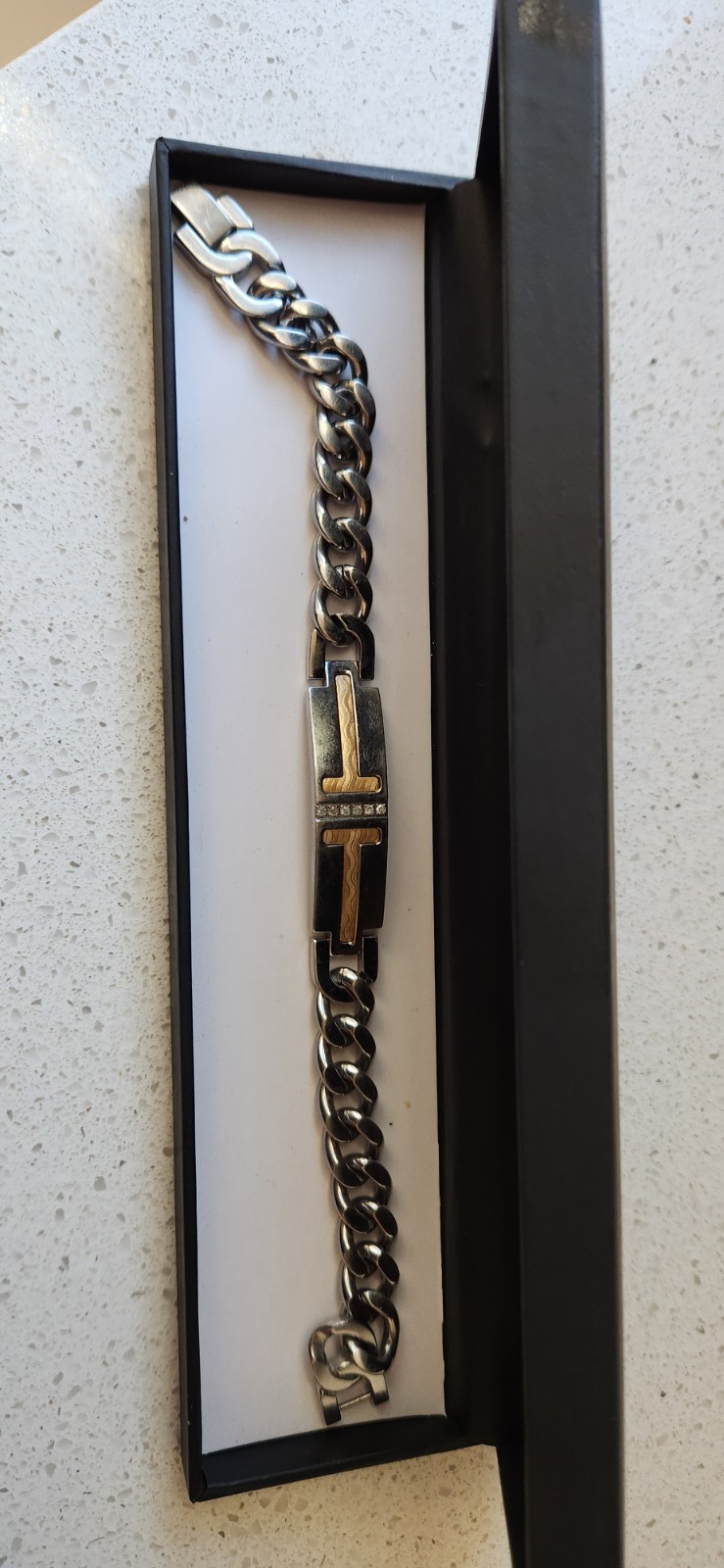 Macy’s Mens Stainless Steel And Gold Bracket With Melee Diamonds