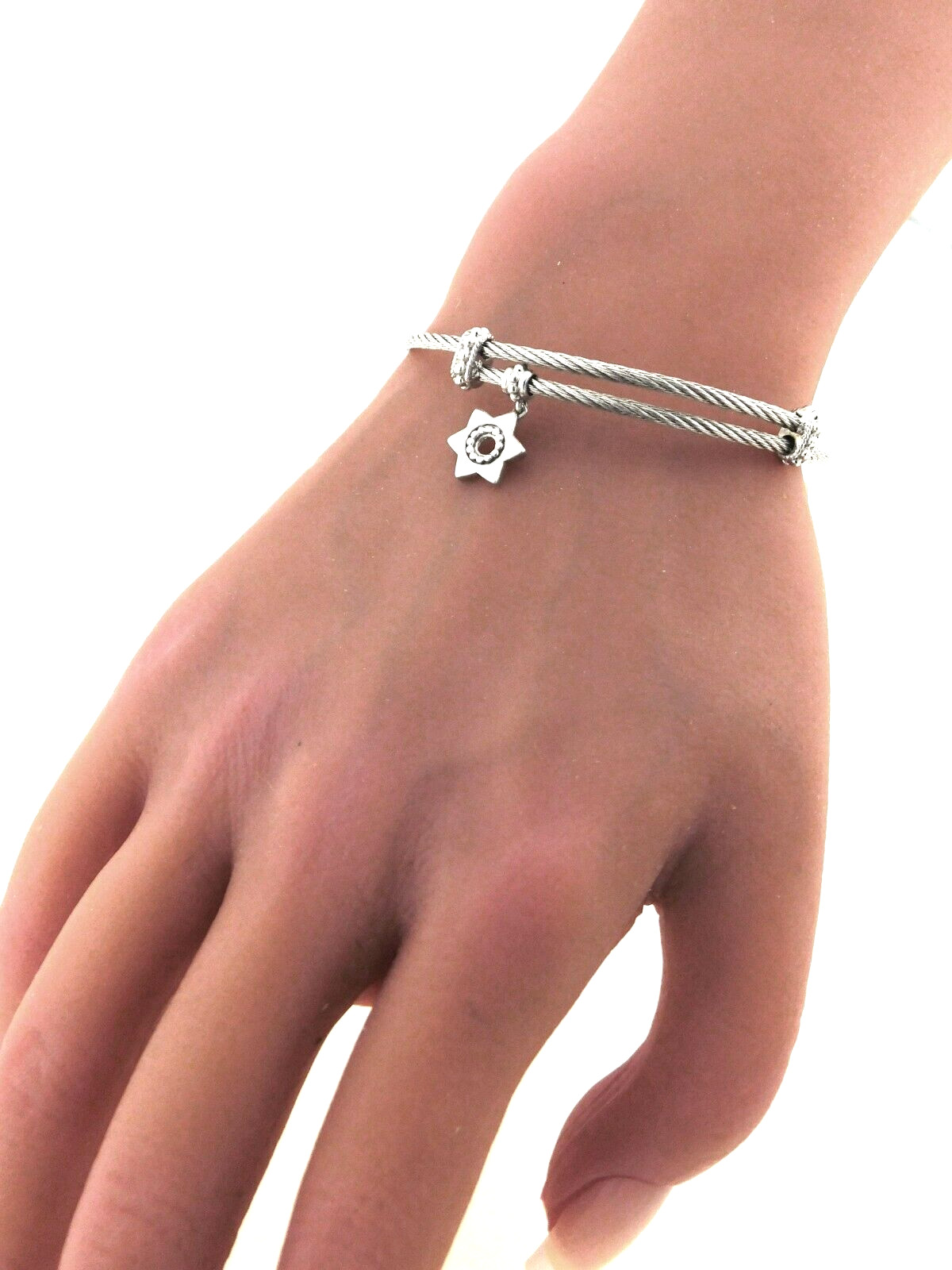Gabriel & Co Twisted Cable Stainless Steel Bangle w Sterling Silver Star Charm