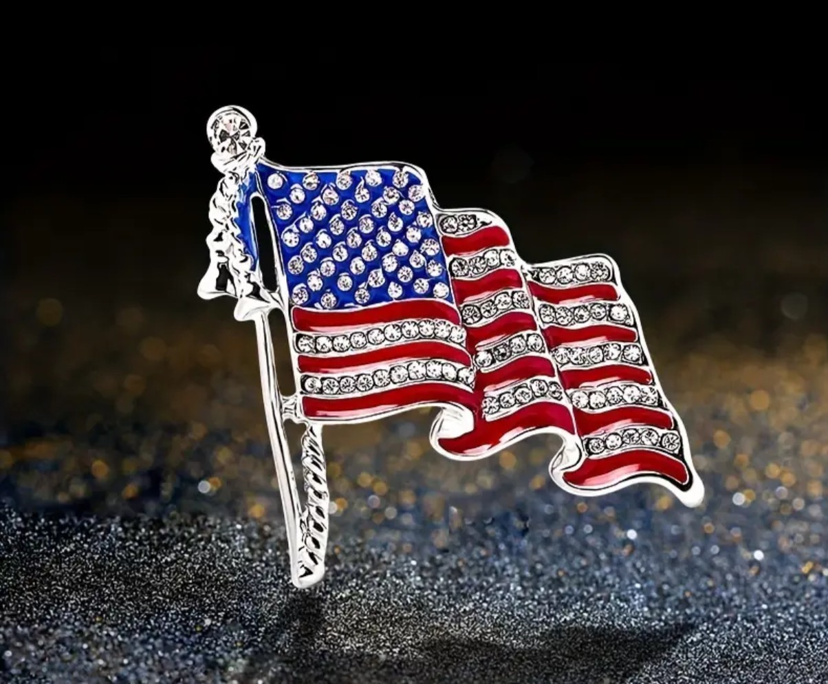 American Flag Brooch Pin Silver Plated Rhinestone & Zinc Alloy Stylish Durable