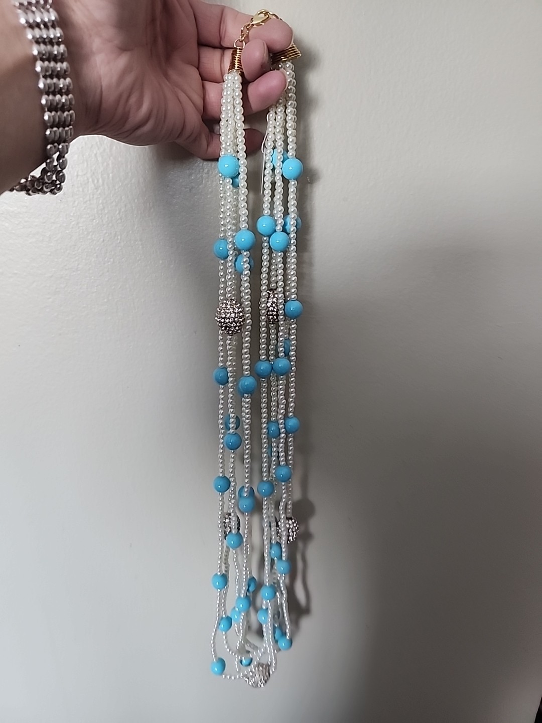 Lovely Joan Boyce Faux Turquoise & Pearl & Crystal Multi Strand 24″ Necklace NIB