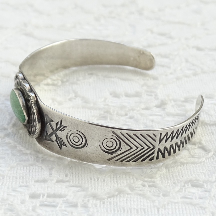 Fred Harvey Era Native American 5 1/4” Turquoise Cuff Bracelet Stamp Decorated