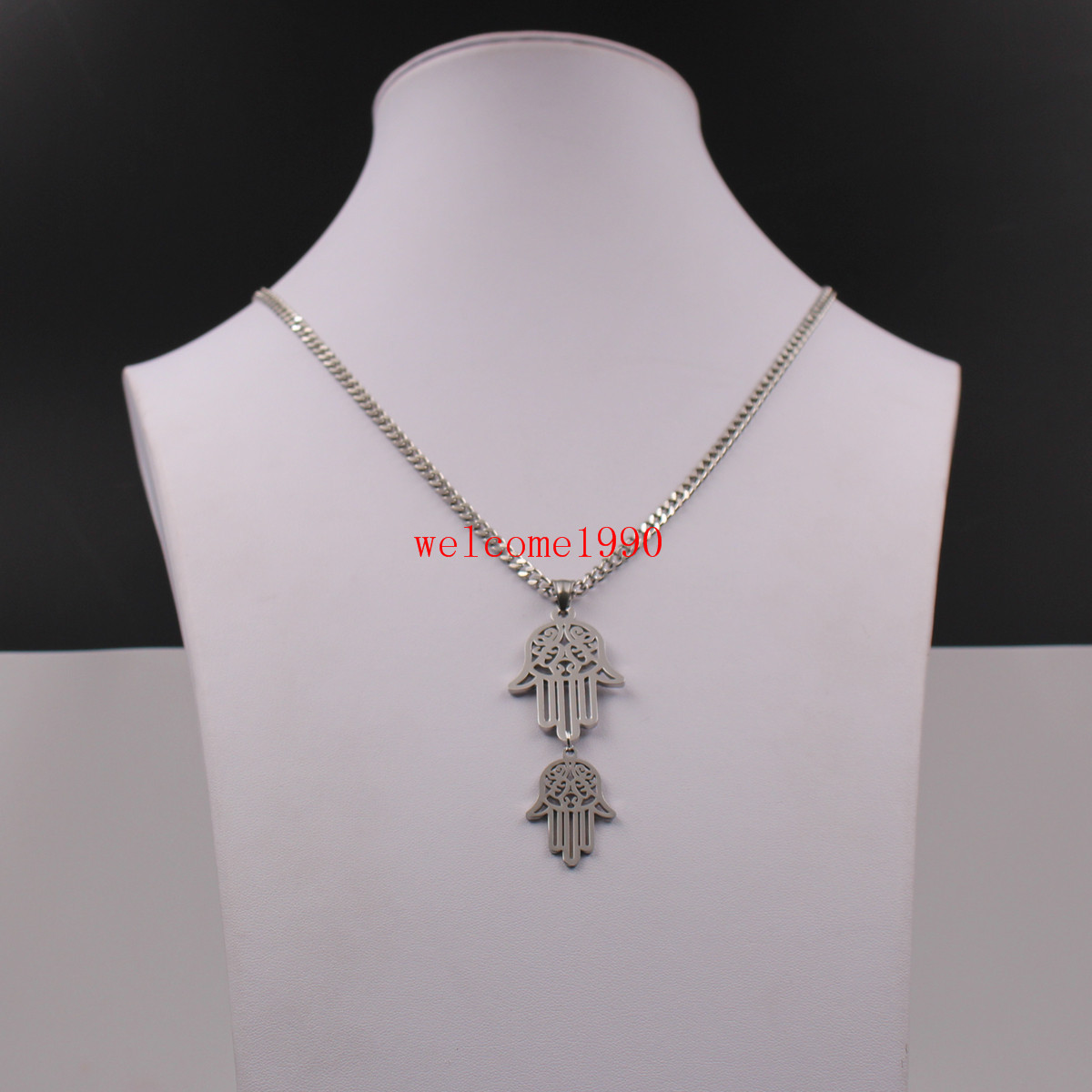 24” Pure Stainless steel Double Open Hamsa Hand Charms Pendant Men’s Necklace