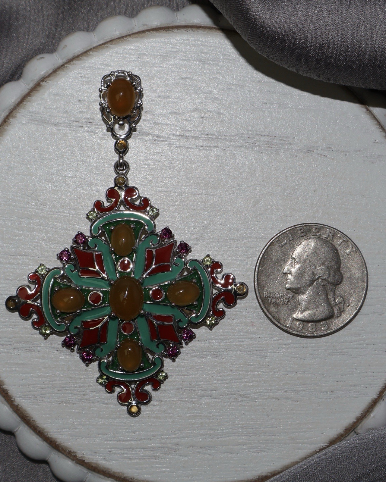 Sterling Enamel Citrine Cross Pendant 17.57G / 2.8in