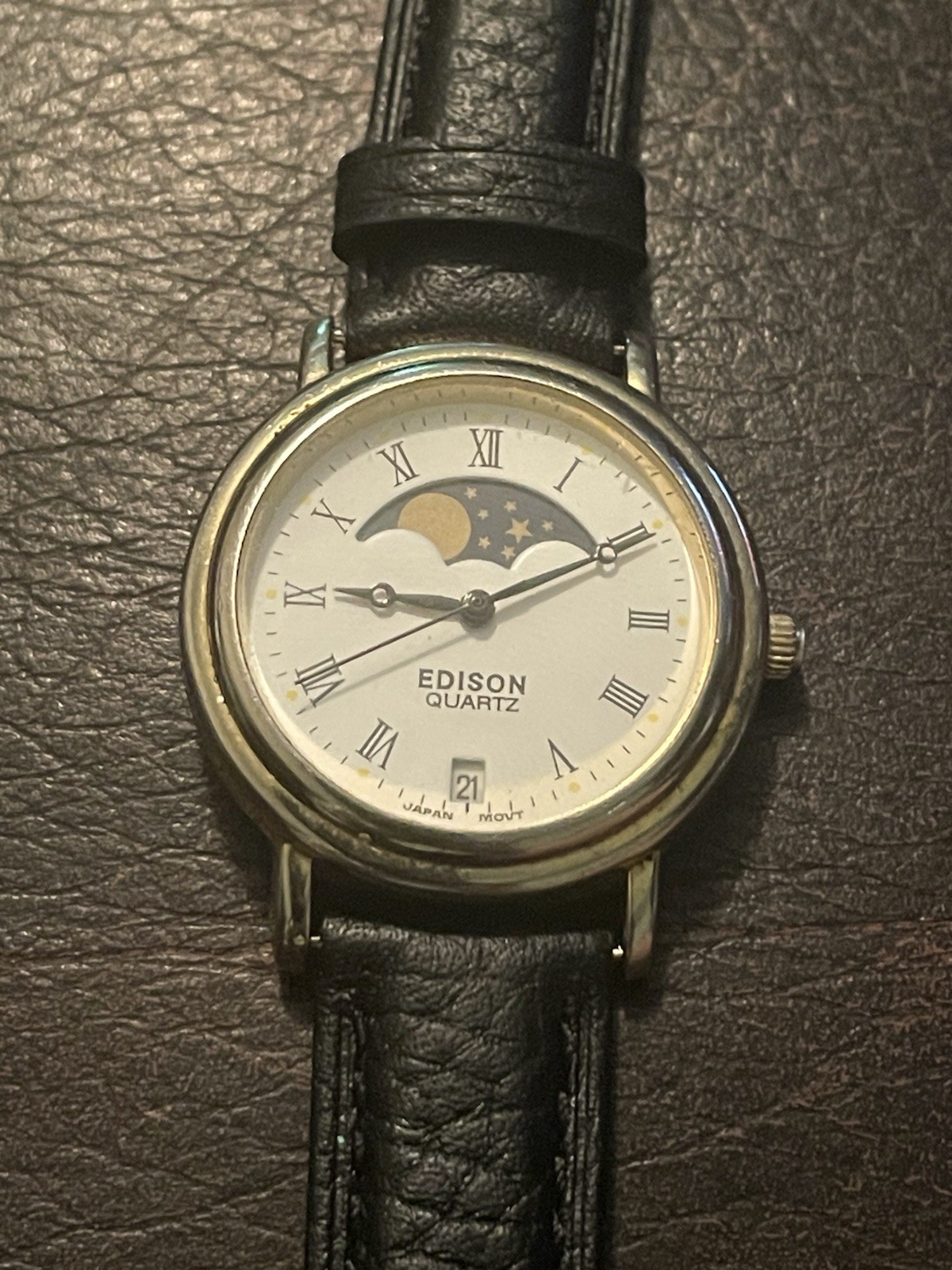 Vintage Edison Quartz Moon Phase Date Dress Watch Roman Dial Japan Movement Runs