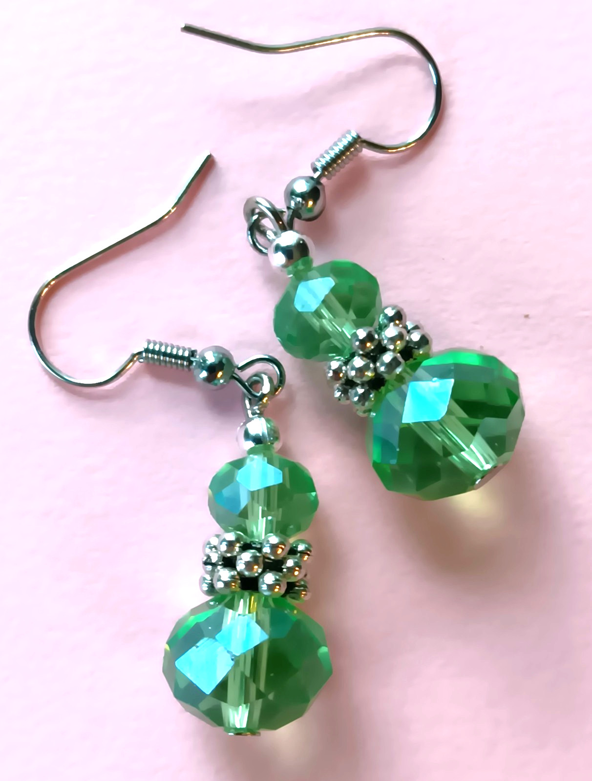GREEN double Faceted CRYSTAL earring SP FISH HOOK handcrafted #250