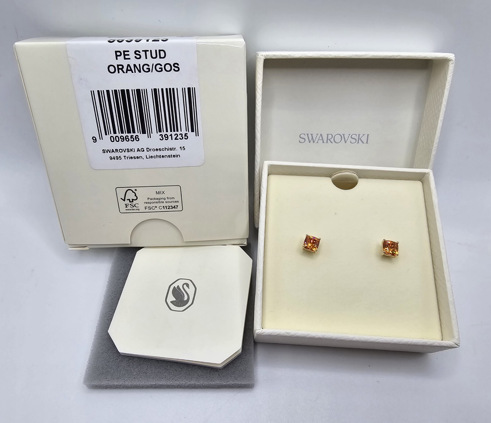 Swarovski 5639123 PE Stilla Stud Orange/Goldtone Cushion Cut Earrings BNIB!