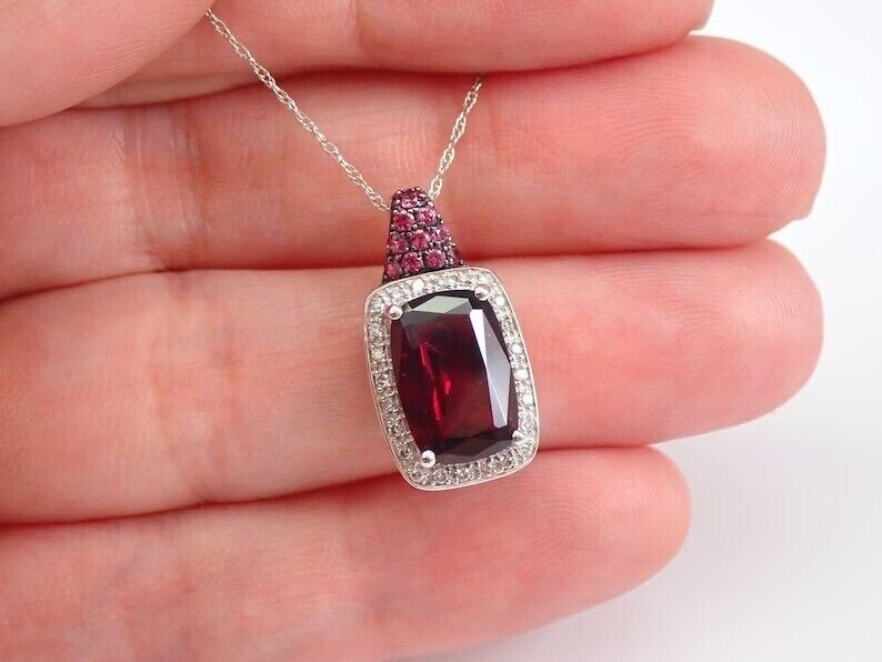 Pretty 2Ct Cushion Cut Simulated Red Garnet Halo Pendant 14K White Gold Plated