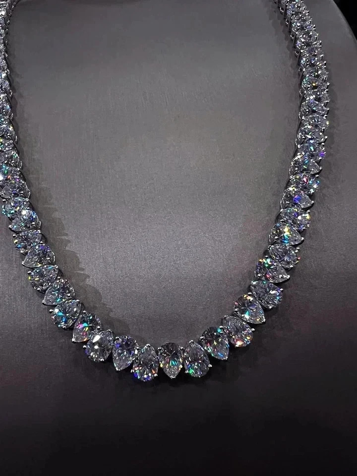 40TCW Pear Cut Lab Created Diamond Tennis Necklace 925 Sterling Silver 22in