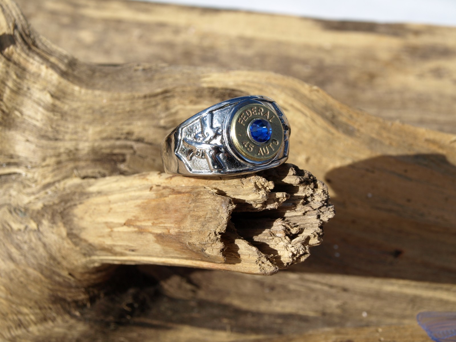 Stainless Steel Brass 45 Bullet Ring w/ Guns and Optional Glass Crystal