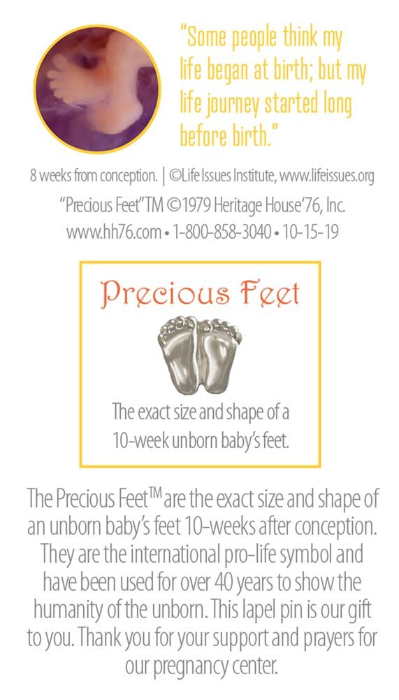 Precious Feet Silver-Colored Thanksgiving Donor Card Pro-Life Jewelry, Lapel Pin