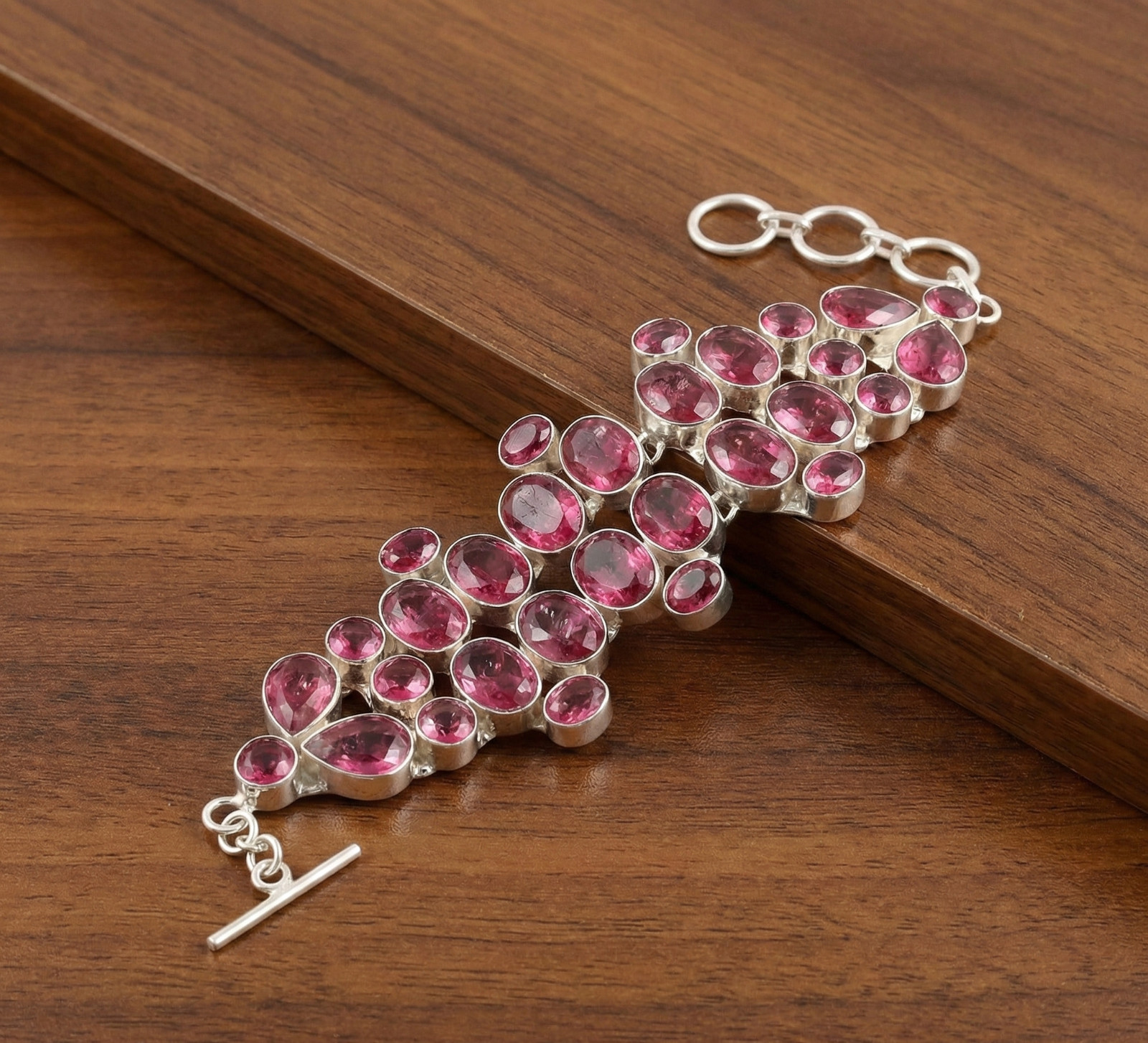 Pink Rubelite Gemstone Bracelet 925 Sterling Silver Artisan Jewelry 8.50 in