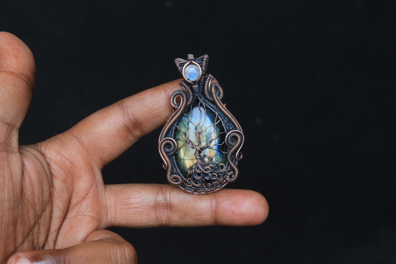 Yellow Fire Labradorite Copper Wire Wrap Tree Of Life Pendant Jewelry Gift NK547