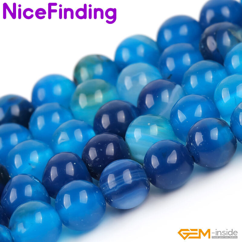 Natural Round Blue Smooth Sardonyx Agate Banded Beads For Jewelry Making 15”