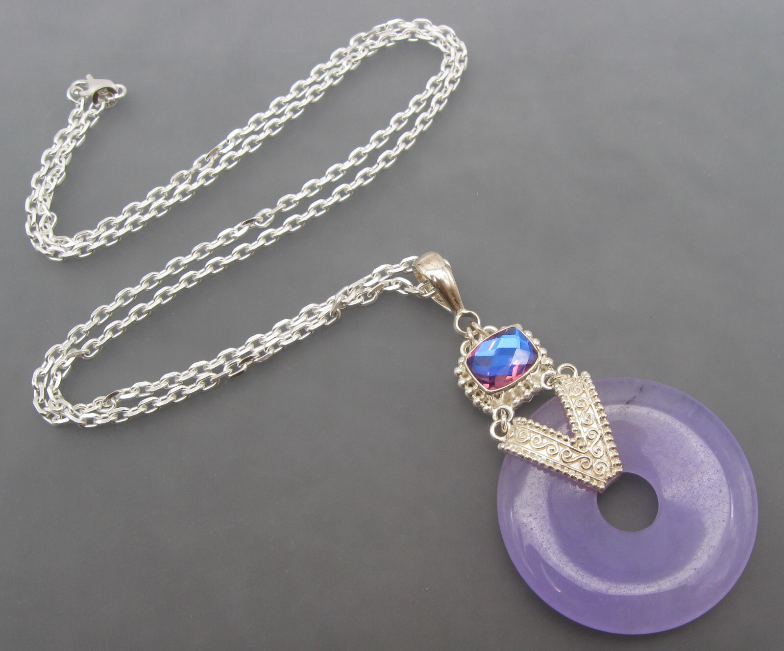 Sajen Sterling Silver Purple Jadeite Jade Blue Quartz Circle Pendant Necklace