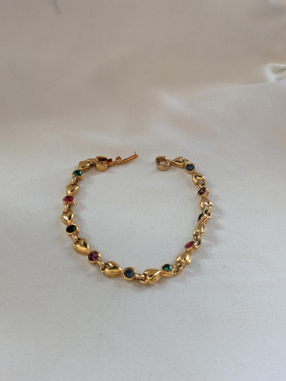 Classic Gold Tone Bracelet with Round Red Blue Green and Purple Gem Style Stones