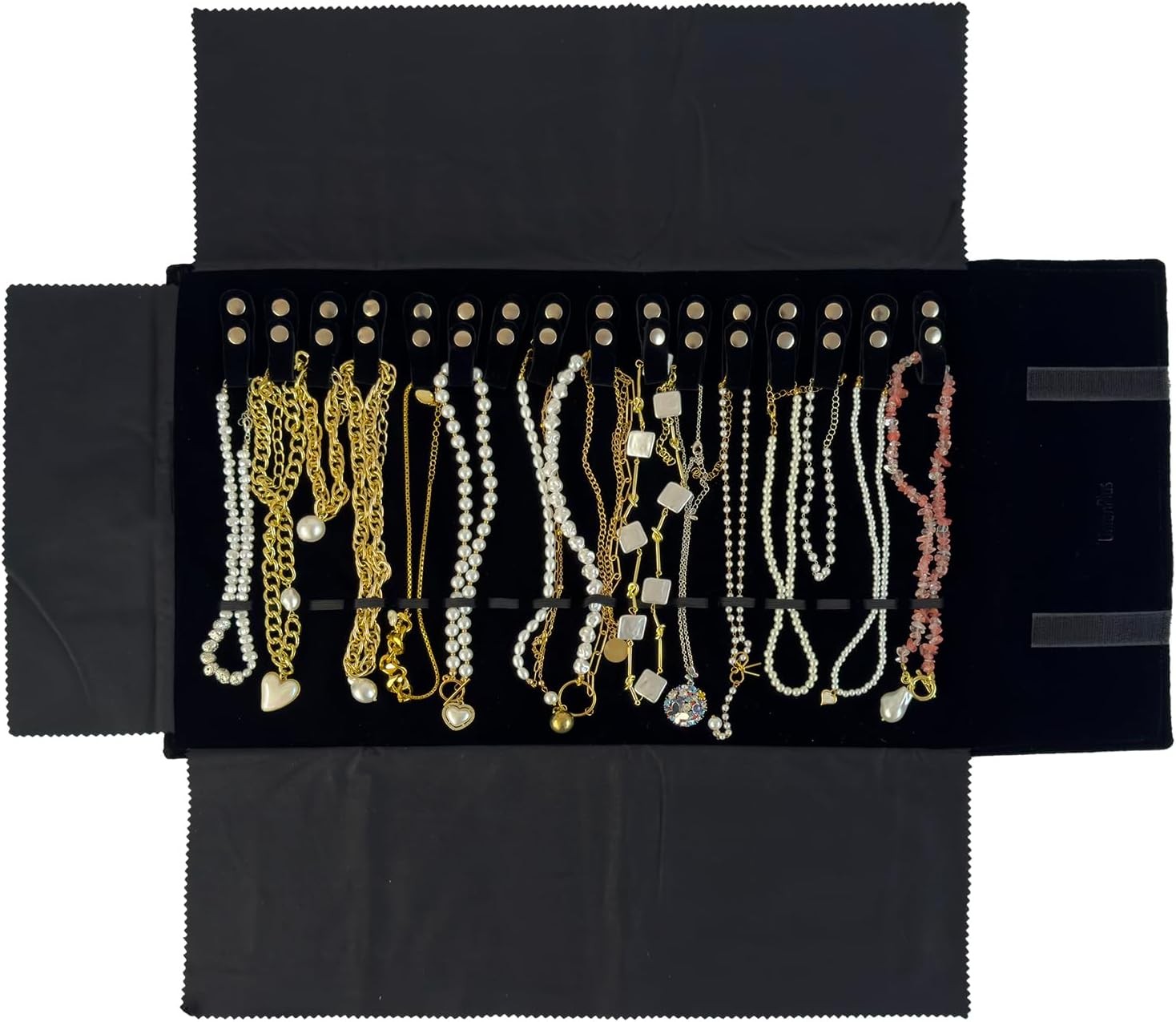 Velvet Travel Jewelry Roll Bag Organizer for Necklace, Elastic Medium, Black