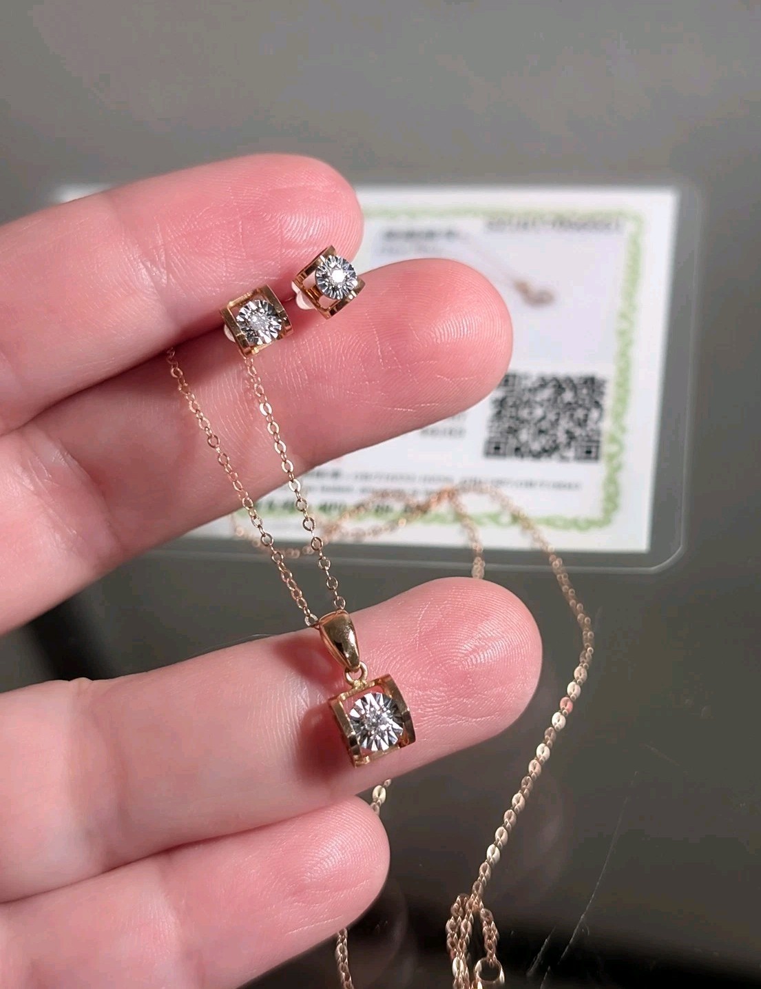 18K Rose Gold Natural Diamond Dainty Stud Earrings and Necklace Set .07ct 1.95g