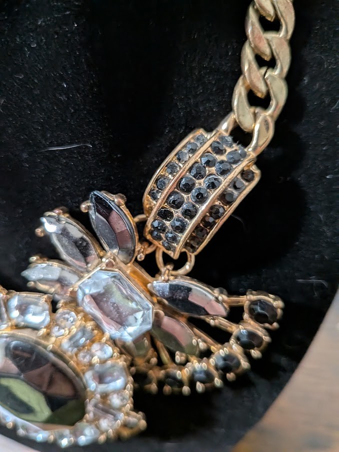 Chunky Gold Bib Necklace Vintage Style Black Clear Rhinestone Crystal Statement