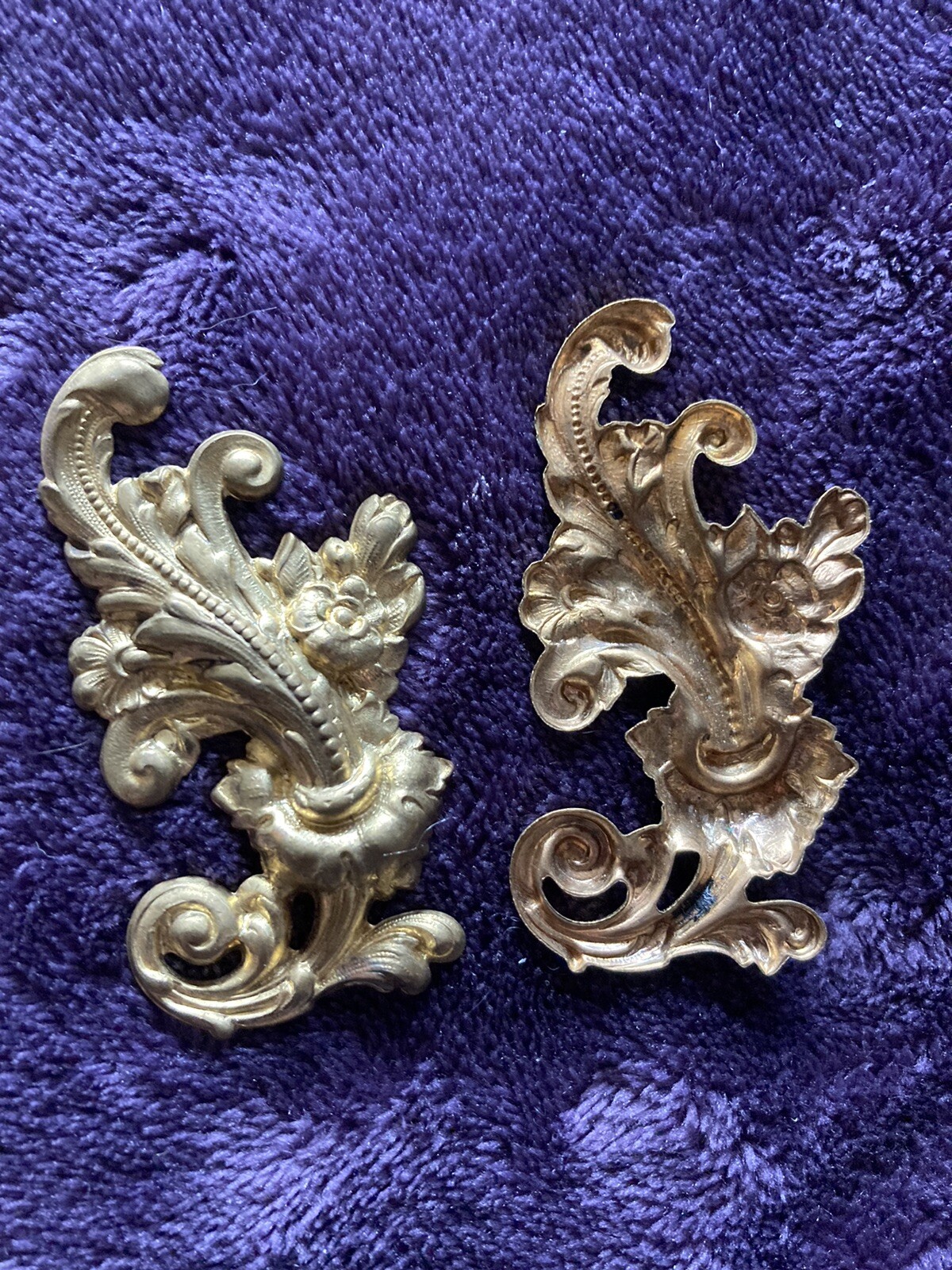 Pair Fancy Floral Ormolu Brass Embellishment Stampings Left & Right 2 1/2”