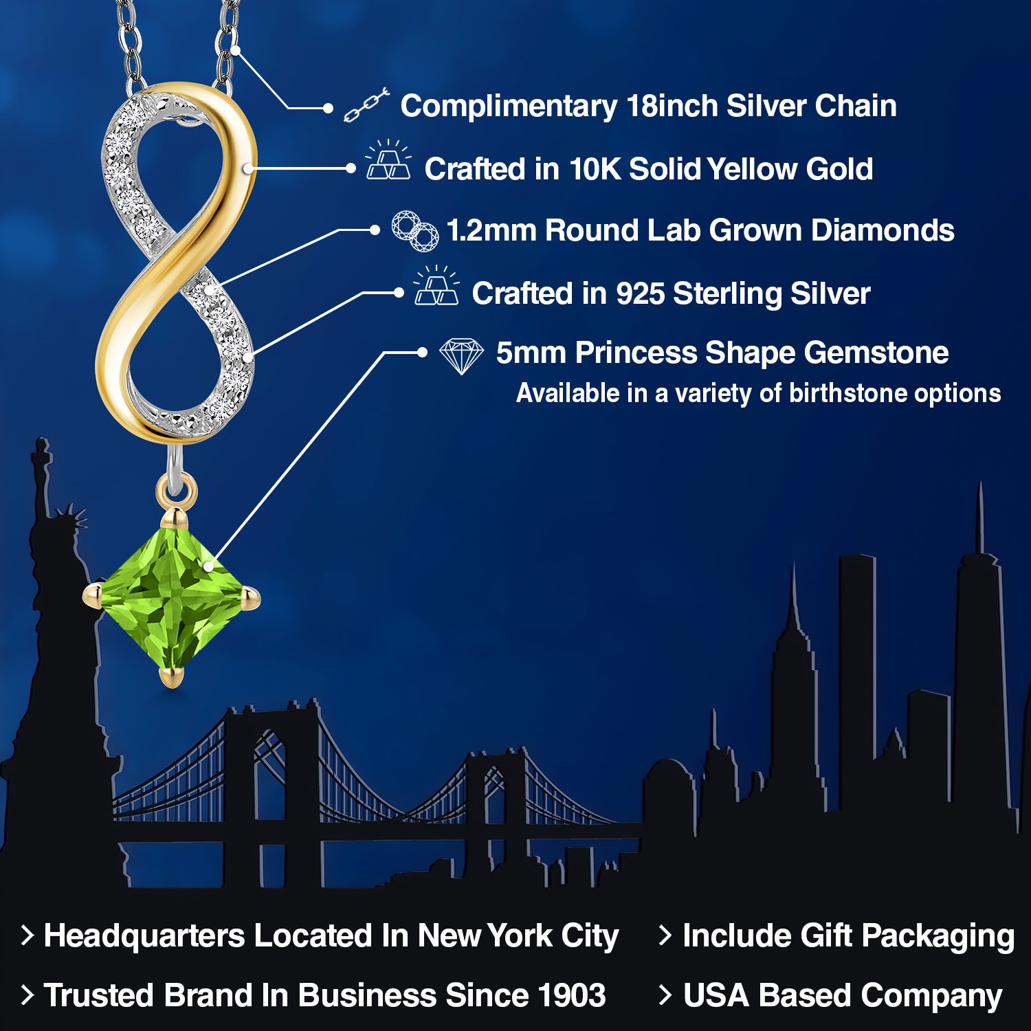 925 Silver and 10K Yellow Gold Peridot and Lab Grown Diamond Pendant Necklace